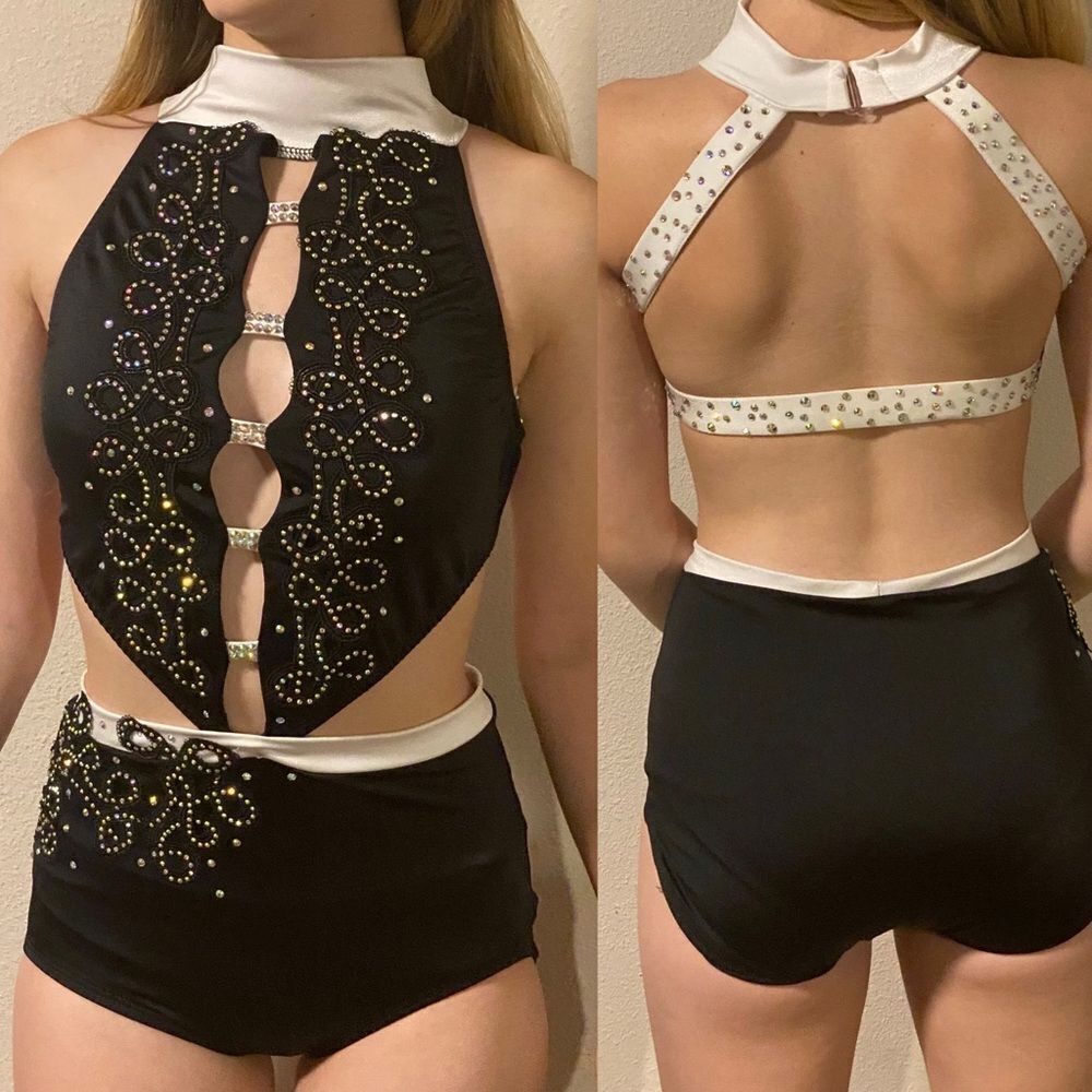 Glamorous Custom solo dance costume black white leotard 2 piece illusion SA adul